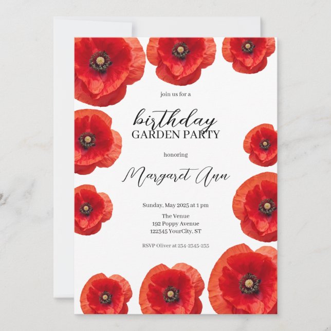 Modern Red Poppy Floral Birthday Garden Party Invitation (Front)