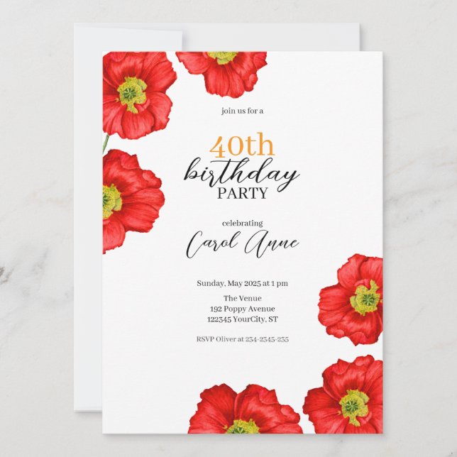 Modern Red Poppy Floral Birthday Party Invitation (Front)