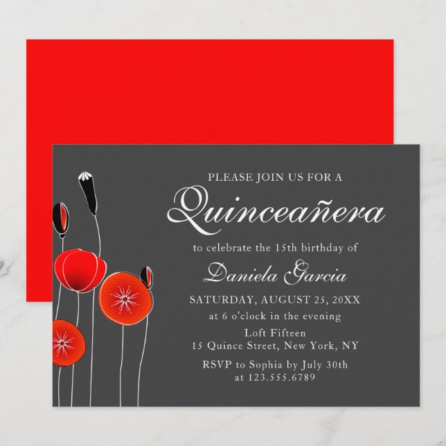 Modern Red Poppy Floral Botanical Quiceanera Invitation (Front/Back)