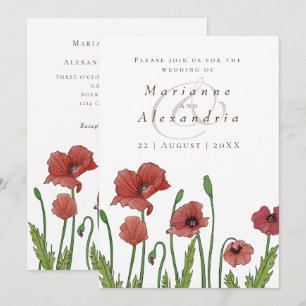 Modern red poppy floral wedding invitation