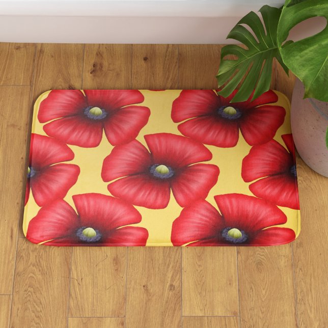 Modern Red Poppy Pattern on Yellow Bath Mat (Pop a pop of color in your bathroom with this red poppy patterned yellow bath mat. A lovely gift!)