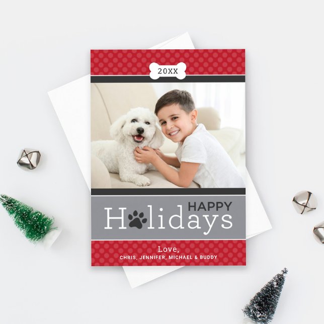 Modern Red Puppy Dog Theme Happy Holidays Holiday Card (Creator Uploaded)