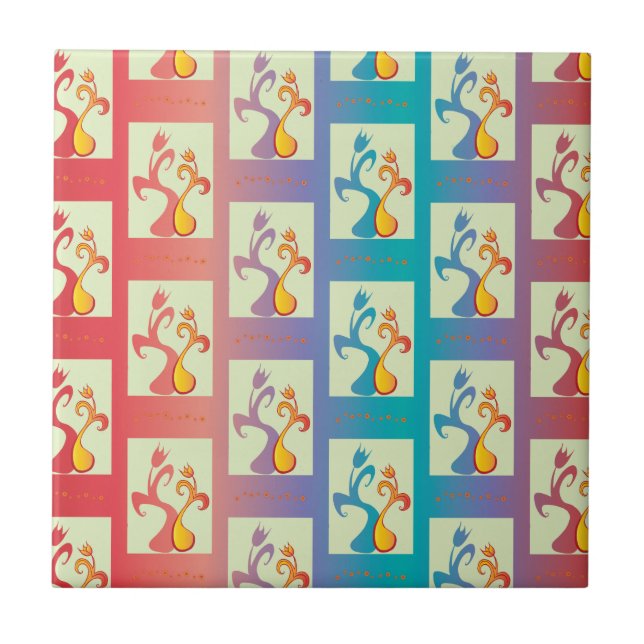 Modern Red, purple and blue Tulip Couple pattern Tile (Front)