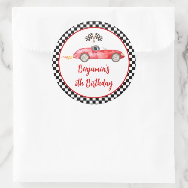 Modern Red Race Car Birthday Classic Round Sticker (Bag)