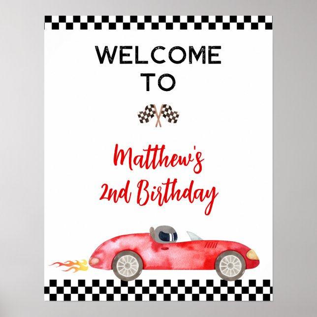 Modern Red Race Car Birthday Welcome Sign (Front)