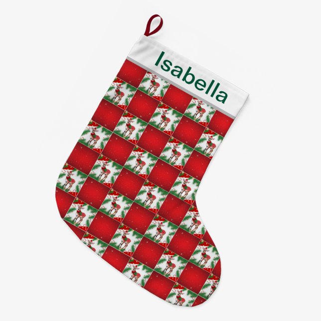 Modern red reindeer  Xmas Holly plaid Pattern Large Christmas Stocking (Front (Hanging))