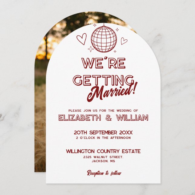 Modern Red Retro Disco Groovy Wedding Photo Invitation (Front/Back)