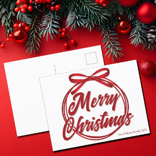 Modern Red Ribbon Bow Merry Christmas Script Holiday Postcard