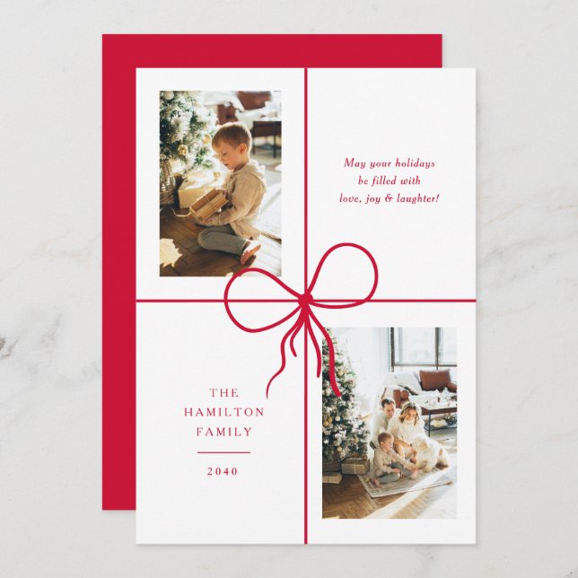 Modern Red Ribbon Bow Wrap 2 Photo Christmas Holiday Card (Front/Back)