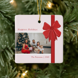 Modern Red Ribbon Bow Wrap Photo Christmas Ceramic Ornament
