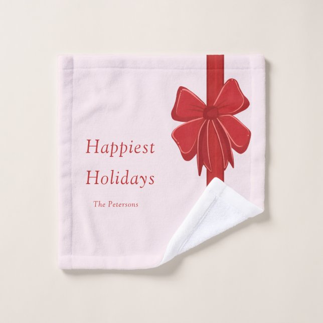 Modern Red Ribbon Bow Wrap Photo Christmas Wash Cloth (Wash Cloth)