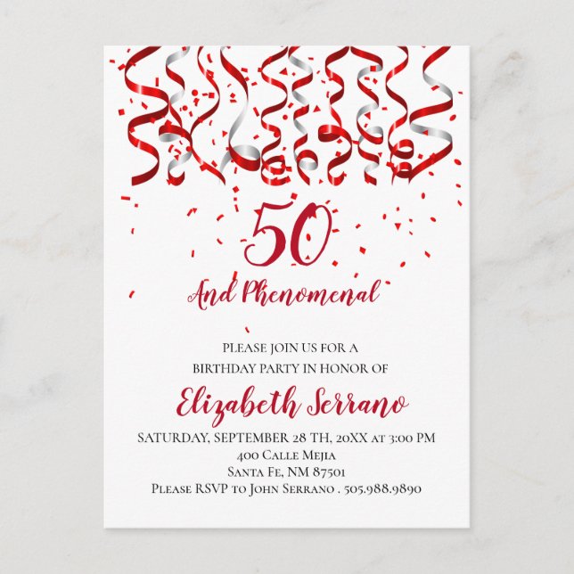 Modern Red Ribbon & Confetti 50th Birthday Invitation Postcard (Front)