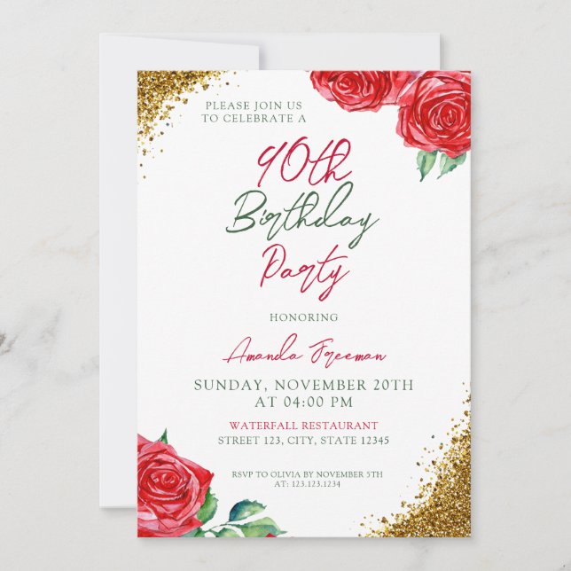 Modern Red Rose 90th Birthday Invitation (Front)