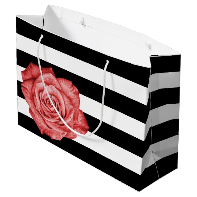 Modern Red Rose Black White Striped Wedding Party Large Gift Bag (Back Angled)