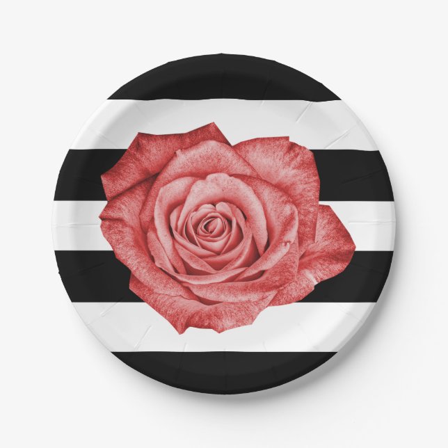 Modern Red Rose Black White Striped Wedding Party Paper Plate (Front)