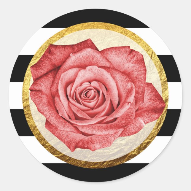 Modern Red Rose Faux Gold Foil Striped Wedding Classic Round Sticker (Front)