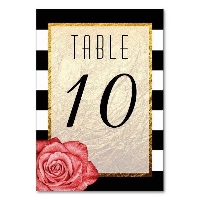 Modern Red Rose Faux Gold Foil Striped Wedding Table Number (Front)