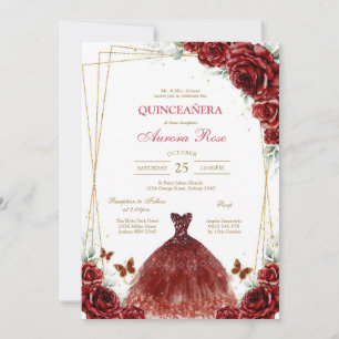 Modern Red Rose Floral Quinceanera Invitation