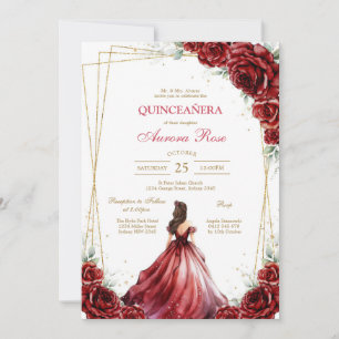 Modern Red Rose Floral Quinceanera Invitation