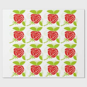 Modern Red Rose & Green Leaf Pattern Wrapping Paper