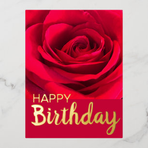 Modern Red Rose Happy  Birthday Real Gold Foil Holiday Postcard