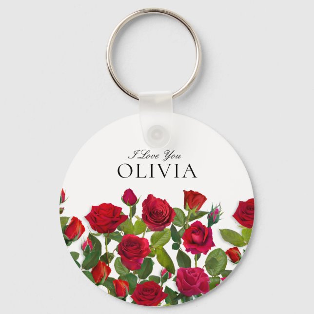 Modern Red Rose Minimalist Name I Love You Key Ring (Front)