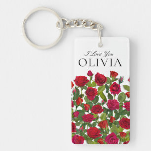 Modern Red Rose Minimalist Name I Love You Key Ring