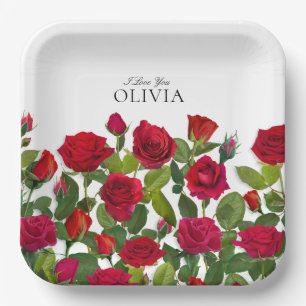 Modern Red Rose Minimalist Name I Love You Paper Plate