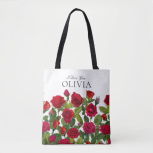 Modern Red Rose Minimalist Name I Love You Tote Bag