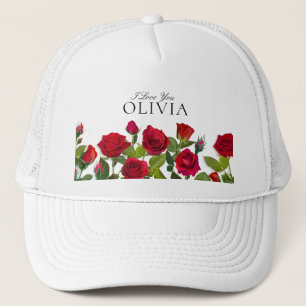 Modern Red Rose Minimalist Name I Love You Trucker Hat
