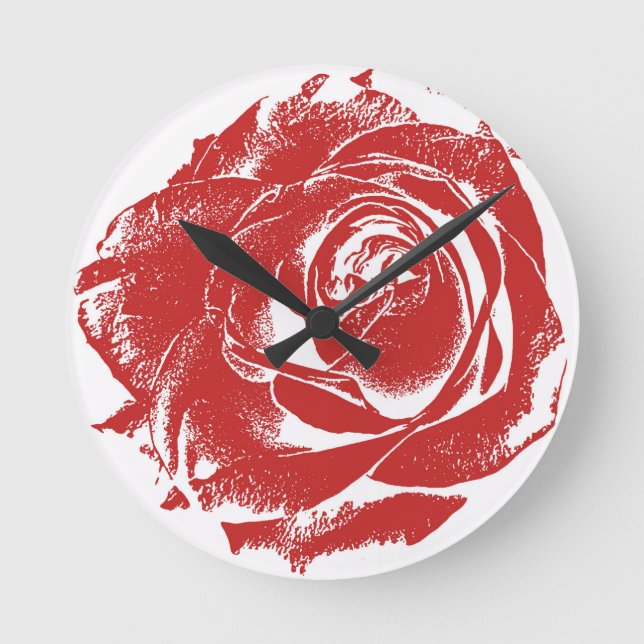 Modern Red Rose Stamp Round Clock (Front)