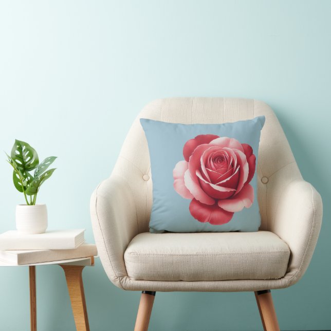 Modern Red Rose Throw Pillow on Dusty Blue Bold  (Chair)