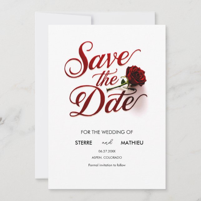 Modern Red Rose Wedding  Save The Date (Front)