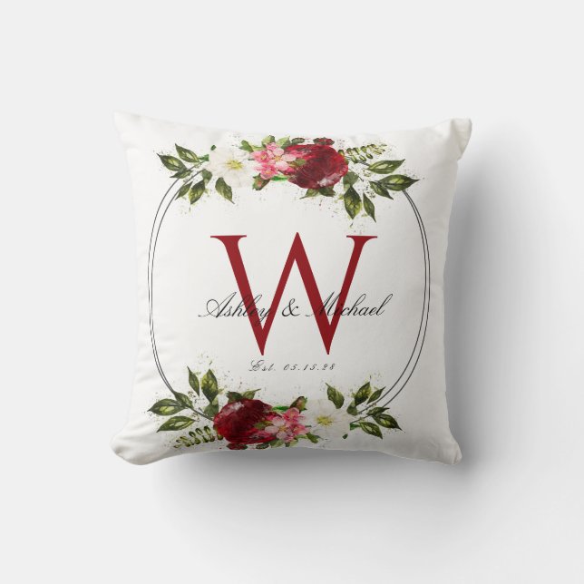 Modern Red Rose Wreath Monogram Wedding Keepsake Cushion (Front)