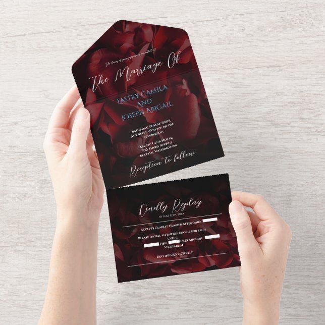 Modern Red Roses All in One Wedding Invite (Tearaway)