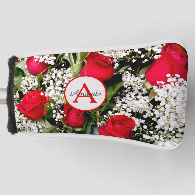 Modern red roses bouquet with monogram and name golf head cover (Front)