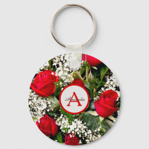 Modern red roses bouquet with monogram and name key ring