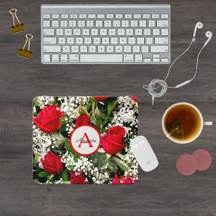Modern red roses bouquet with monogram and name mouse mat