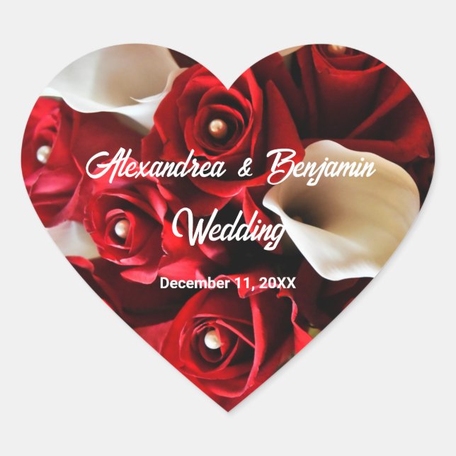Modern Red Roses Floral Elegant Floral Wedding Heart Sticker (Front)