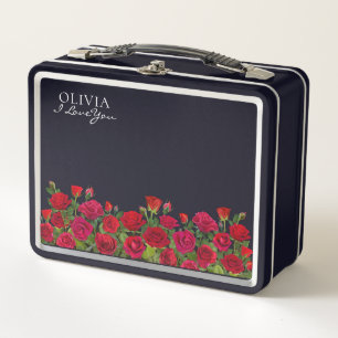 Modern Red Roses Garden Minimalist I Love Name Metal Lunch Box