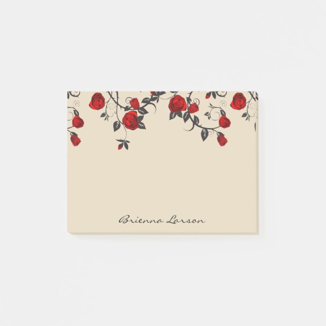 Modern Red Roses & Script Name Post-it Notes (Front)
