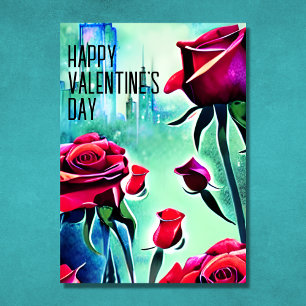 Modern Red Roses with Cityscape Valentine's Day Holiday Card