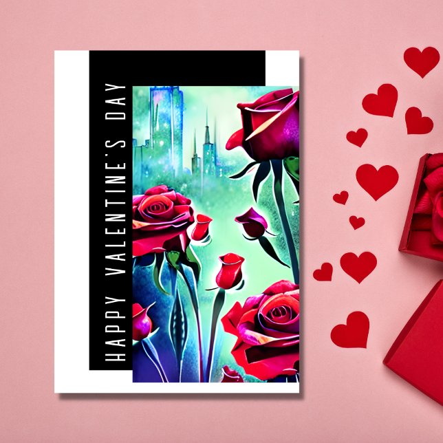 Modern Red Roses with Cityscape Valentine's Day Holiday Card (Creator Uploaded)