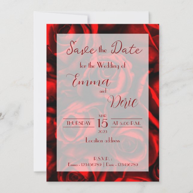Modern Red Roses with Red Texts Save the Date Invitation (Front)