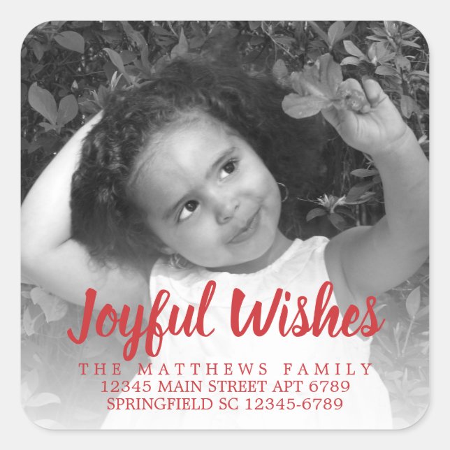 Modern Red Rustic Joyful Wishes Photo Address Square Sticker (Front)