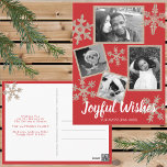 Modern Red Rustic Snowflake 4 Photo Christmas Postcard<br><div class="desc">A simple modern red rustic design featuring faux oak snowflakes and your 4 photo collage makes for unique custom Christmas photo postcards. From personal greetings to corporate business mailings, these custom holiday postcards will bring the cheer. The new modern rustic is sleek and sophisticated with accents of natural materials while...</div>