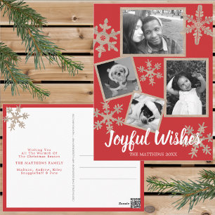 Modern Red Rustic Snowflake 4 Photo Christmas Postcard