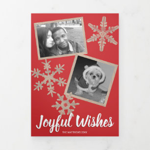 Modern Red Rustic Snowflake Collage 5 Photo Tri-Fold Holiday Card