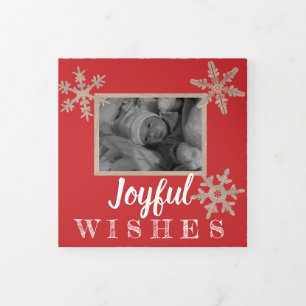 Modern Red Rustic Snowflake Festive 3 Photo Tri-Fold Holiday Card