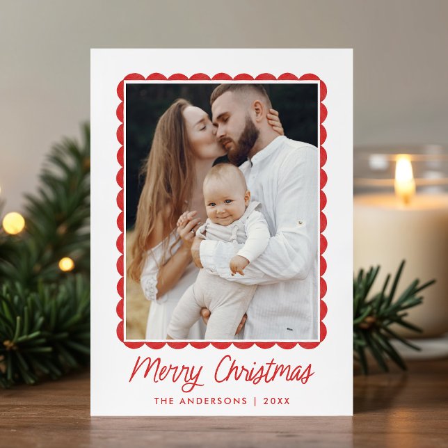 Modern Red Scalloped Frame 2 Photo Holiday Card (Creator Uploaded)